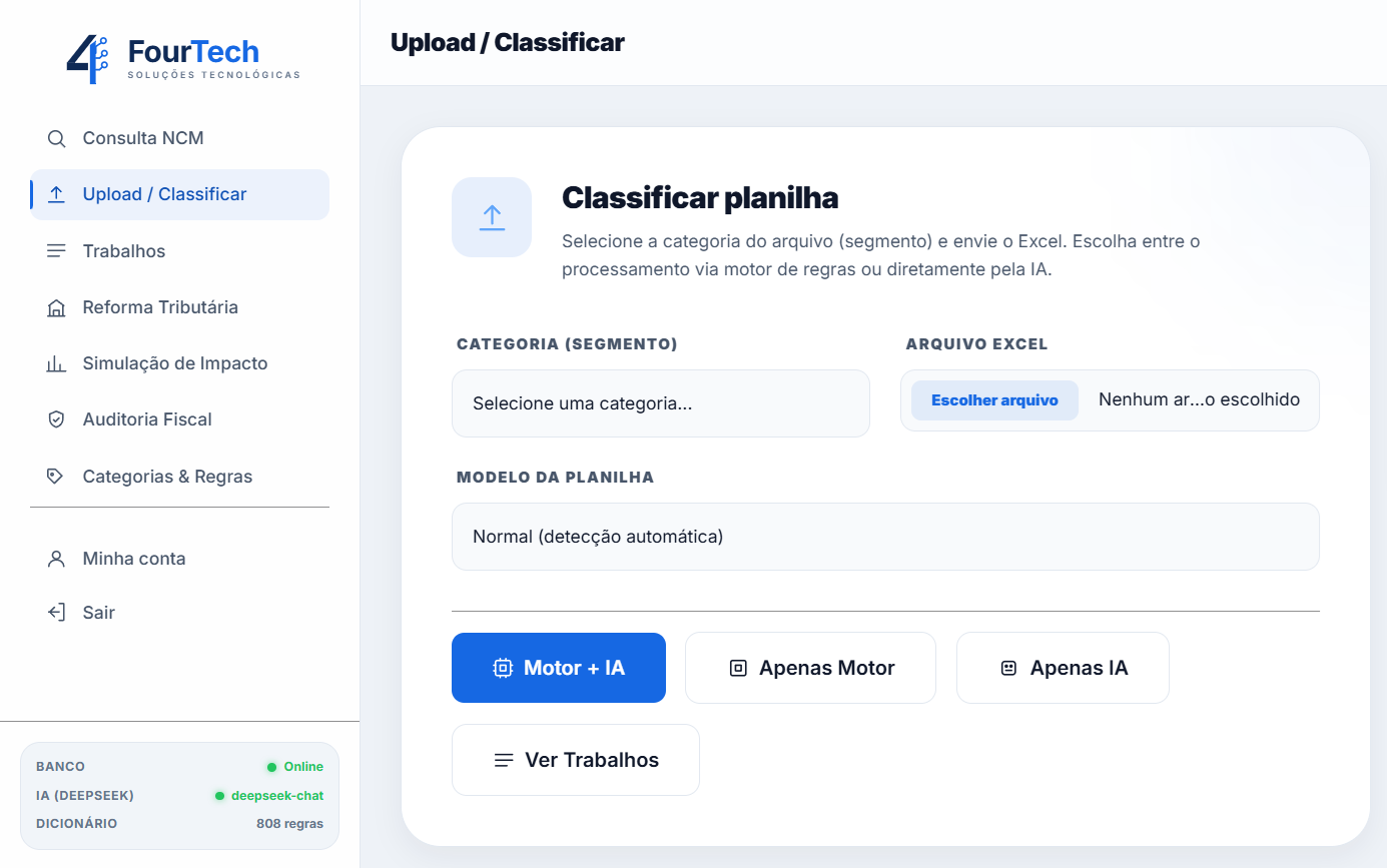 Tela de upload e classificação de planilha do Classificador e Auditor Tributário