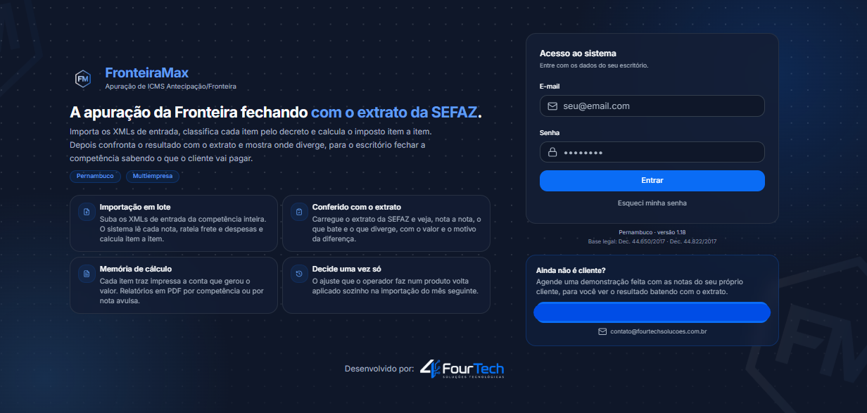 Tela inicial do FronteiraMax, com o resumo do sistema e o acesso ao sistema