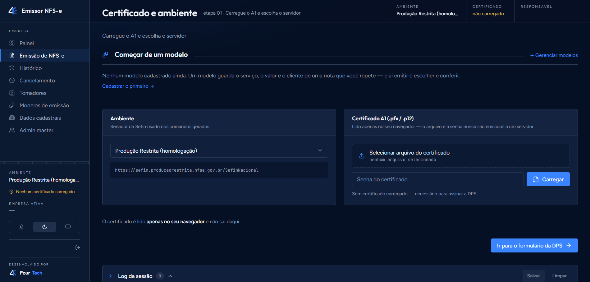 Tela de certificado e ambiente do Emissor de NFSe, com o A1 e o servidor da Sefin a configurar